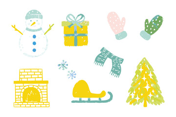 Christmas Festive Elements: A collection of festive seasonal graphics. A snowman, gift box, mittens, scarf, fireplace, sled and christmas tree.
