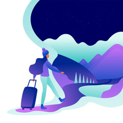 Adventure Travel Concept with Woman Exploring Mountains at Night