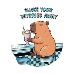 Capybara enjoying milkshake at diner, humorous vector illustration