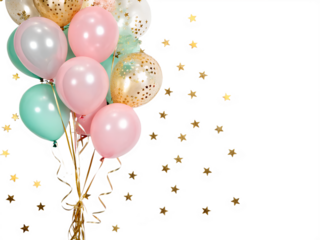 A cluster of colorful balloons including pink, mint green, and gold with confetti. The background is transparent, enhancing the festive appearance.