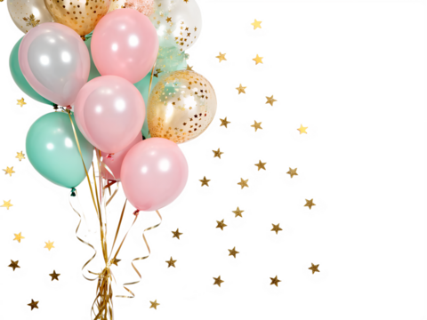 A cluster of colorful balloons including pink, mint green, and gold with confetti. The background is transparent, enhancing the festive appearance.