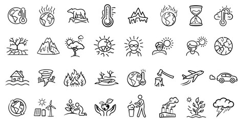 Global Warming and Climate Change Doodle Icon Set | Hand-drawn Environmental Vector Collection