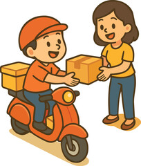 Delivery courier package service happy customer box scooter helmet shipping parcel transportation fast express urban male female outdoor receiving
