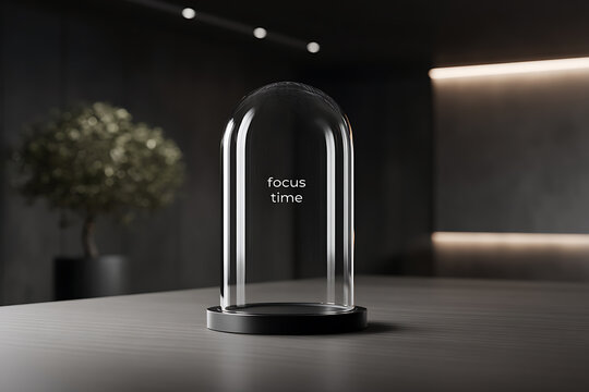 productivity tracking, a glass-encased desk phone shows focus time in digital format