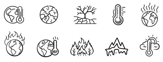 Global Warming Doodle Icons | Hot Earth & Temperature Sketch Vector
