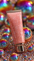 Colorful cream vial surrounded by balls. 