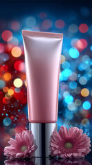 Bottle of a beauty cosmetic product surrounded by fresh flowers. 