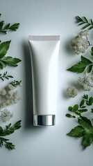 A total white vial mockup surrounded by leaves and flowers. Beauty skincare product. 