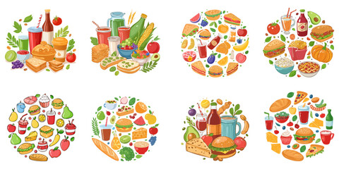 Drink and food item on white background. Vector illustration. 