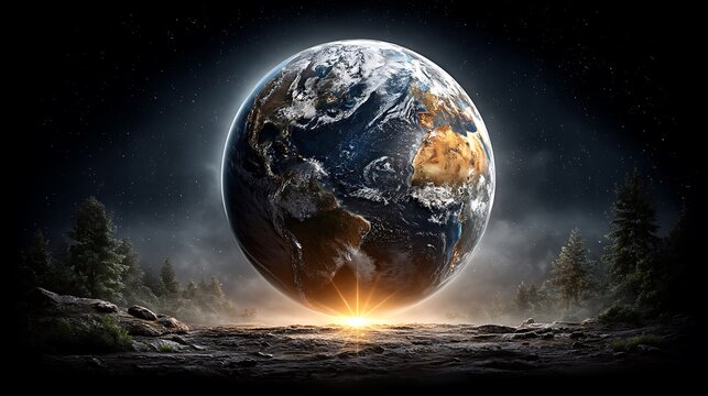 The planet Earth rotating with sun rays casting light on half the surface, with visible galaxy bands and stars, a cosmic view of environmental beauty.