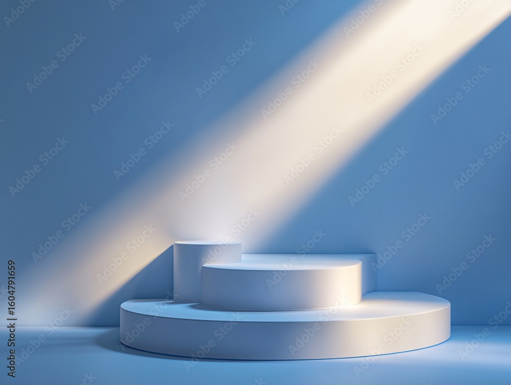 Poster a serene product display featuring a variety of white cylindrical and rectangular podiums and a larg