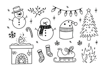 Festive Doodle Collection: A charming assortment of hand-drawn holiday elements creates a playful, graphic illustration, evoking warmth and holiday cheer.