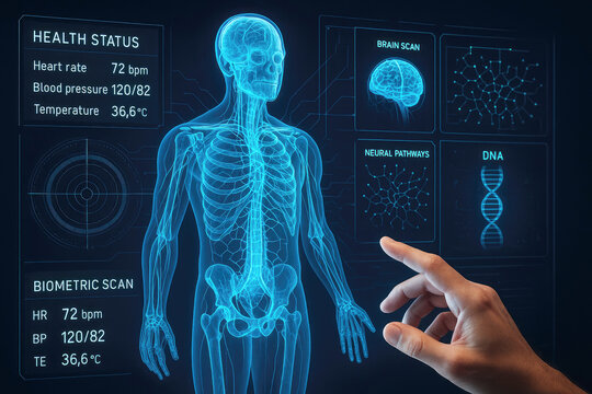 Futuristic medical display showing human anatomy and vital signs skeleton brain scan - Powered by Adobe