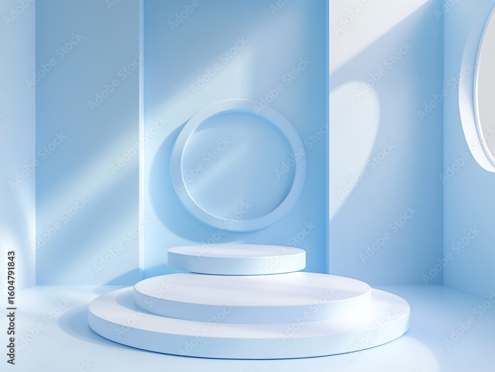 Poster a serene product display featuring a variety of white cylindrical and rectangular podiums and a larg