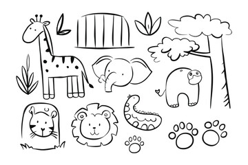 Drawn Wildlife Ensemble: A whimsical collection of wildlife illustrations, including a giraffe, elephant, lion and others, with a playful aesthetic