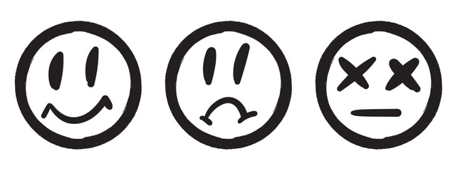 Hand drawn smiley face icon set, sad, happy, dead emoji, black doodle round face outline cartoon expression, sketch emotional symbol vector illustration
