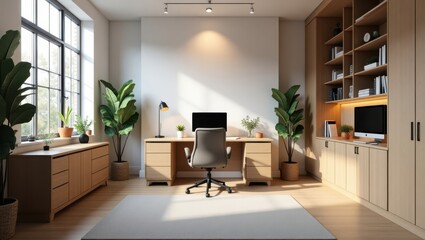 Modern home office with built-in shelving.