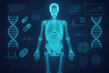 Futuristic medical interface displaying anatomical data and biological elements image