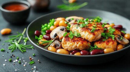 Grilled chicken patties with beans, mushrooms, and fresh herbs on black plate.
