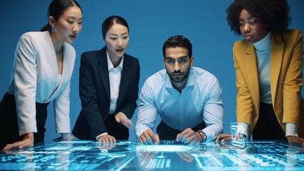 Diverse business team collaborating around a futuristic interactive table - Powered by Adobe