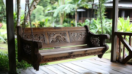 A rustic wooden porch swing with detailed armrest carvings overlooks a lush garden filled with greenery and blooms.

