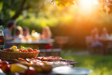 A group of people are gathered around a table with a variety of food