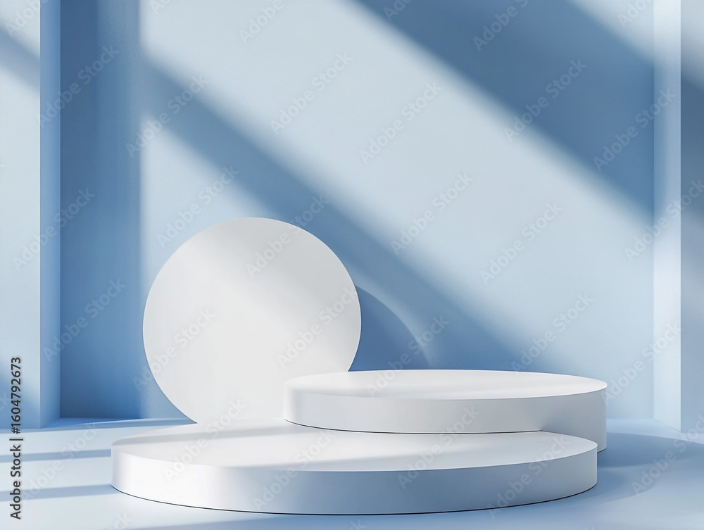 Poster a serene product display featuring a variety of white cylindrical and rectangular podiums and a larg