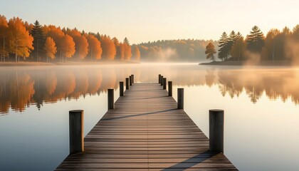 Wooden pier stretches into tranquil misty lake