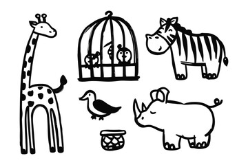 Cute Zoo Animals Clipart: Adorable hand-drawn illustrations of a giraffe, zebra, rhino, bird, and a cage, perfect for kids' projects, cards, and invitations. 