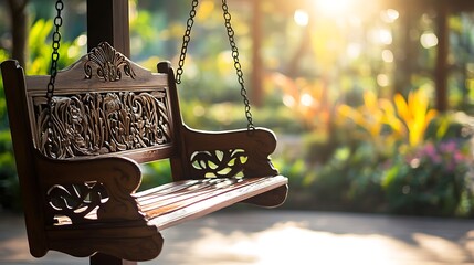 A rustic wooden porch swing with detailed armrest carvings overlooks a lush garden filled with greenery and blooms.

