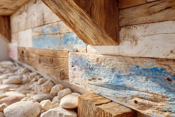 Rustic wooden wall with textured grains and vibrant blue accents, paired with smooth white pebbles creating a serene and natural atmosphere in a coastal setting