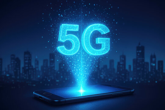 Glowing blue 5G hologram projecting from smartphone over cityscape technology