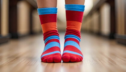 A pair of multi-colored socks with red, orange and blue stripes
