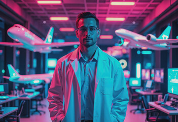 Aviation engineer designing innovative aircraft systems in a modern workspace