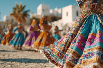 Fototapeta premium Vibrant Traditional Dancers in Colorful Costumes Performing in a Festive Atmosphere Amidst Whitewashed Buildings and Palm Trees Under a Clear Blue Sky