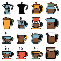 A collection of stylized coffee and tea cups, mugs, and pots, showcasing various brewing methods and drinkware