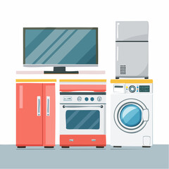 Modern Home Appliances Flat Design Vector Set TV, Refrigerator, Oven, Washing Machine