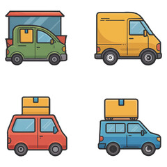 Fototapeta premium A colorful assortment of delivery vehicles, including vans and trucks, symbolizing shipping, logistics, and transportation services