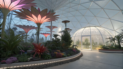 Futuristic biodome with illuminated floral sculptures and lush greenery