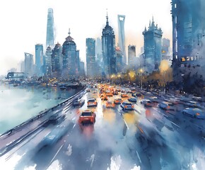 Shanghai Skyline: Evening Traffic, Watercolor Impression, Serene Mood