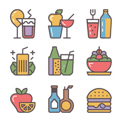 A colorful assortment of flat design icons representing various food and beverage items, including fruits and drinks