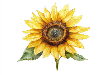 A yellow sunflower with a green stem and leaves