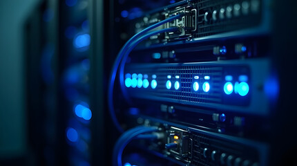 modern server rack blue lights