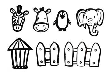 Cartoon Zoo animals and Fence: Whimsical drawings of various zoo creatures, including a zebra, giraffe, penguin, and elephant, alongside a fence and a zoo tent, evoke a joyful spirit of adventure.