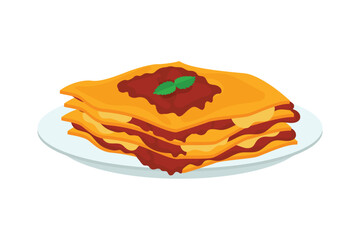 Lasagna on a plate flat vector illustration on white background