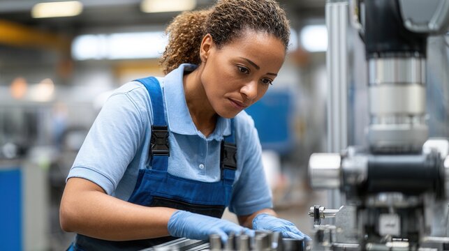 Focused african female engineer operating machine in industrial setting.