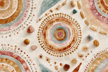 Watercolor abstract design featuring colorful concentric circles with scattered gemstones on a textured background, perfect for a creative project or artistic inspiration.