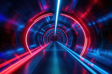 A tunnel with red, blue and purple lights