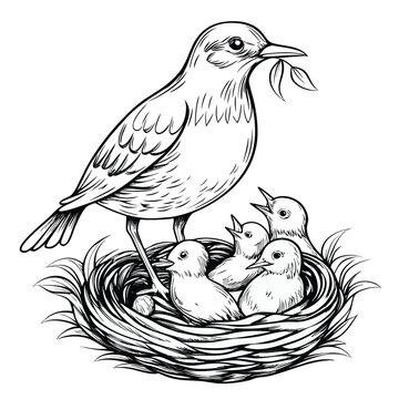 elegant bird with baby chicks in nest silhouette vector on white background