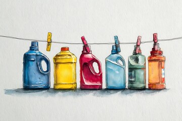 Colorful detergent bottles hanging on clothesline; watercolor style.